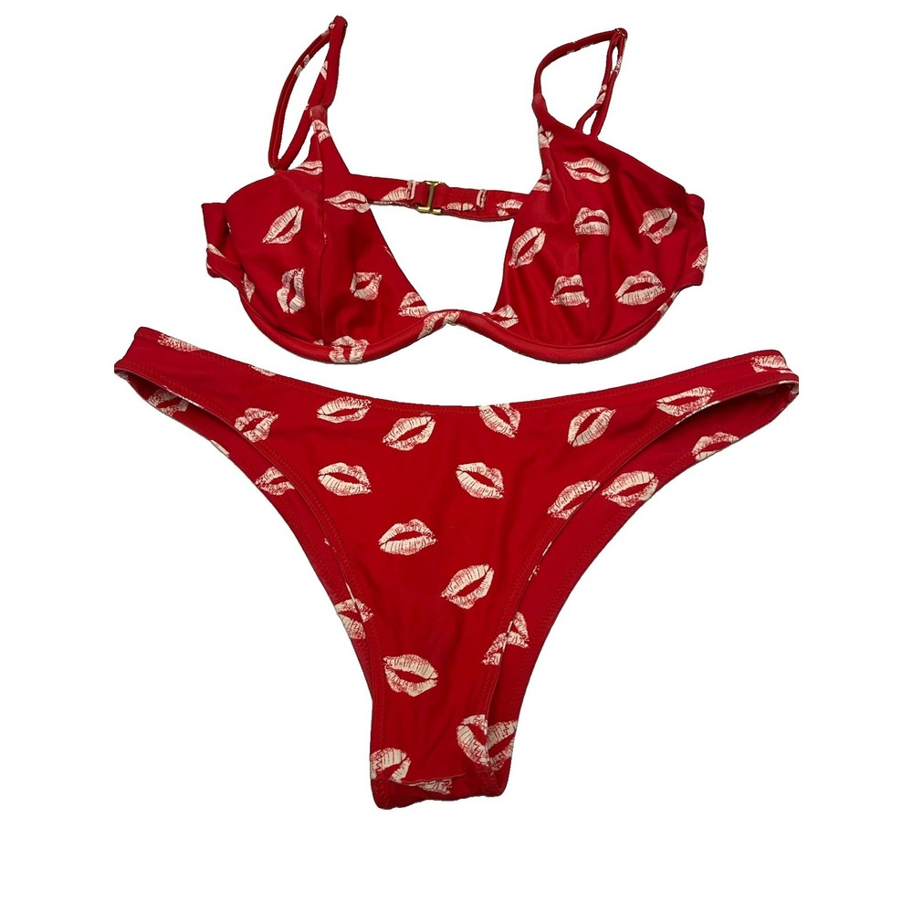 AMUSE FLYNN SKYE Women's Bikini Red With White Kisses Adjustable Strap Sz Medium